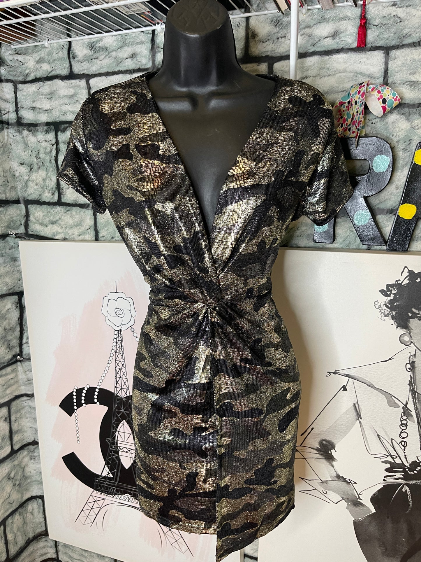 NEW Fashion Nova Camo Gold Green Dress Women sz Large