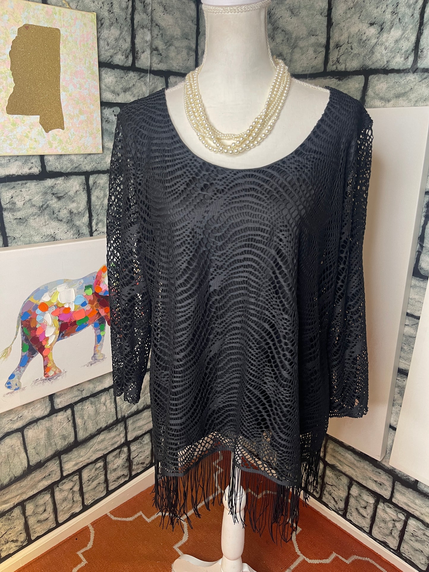 Melissa Paige Black Fringe Blouse Women sz XL