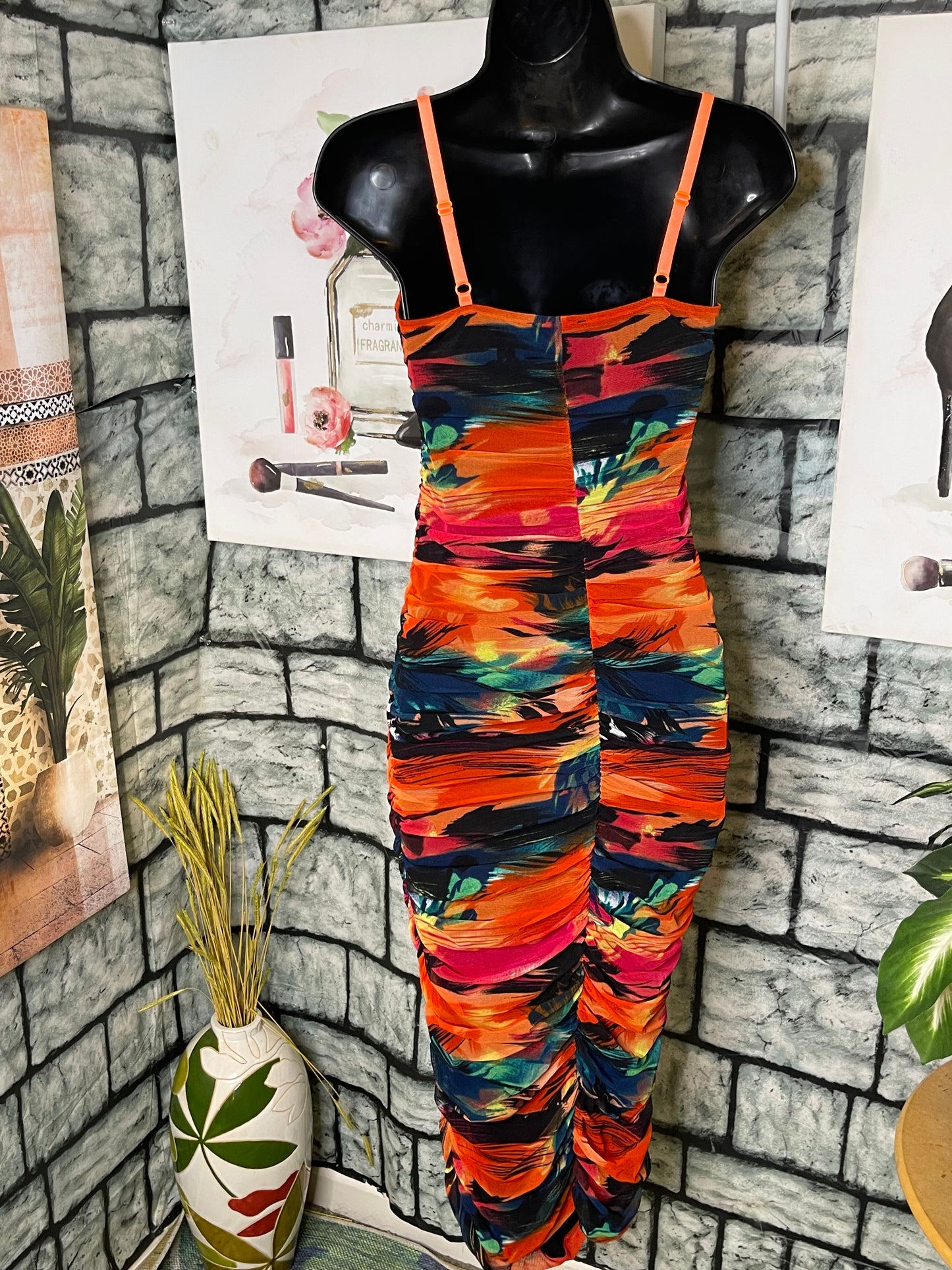 Fashion Nova Orange Black Dress Women sz Medium
