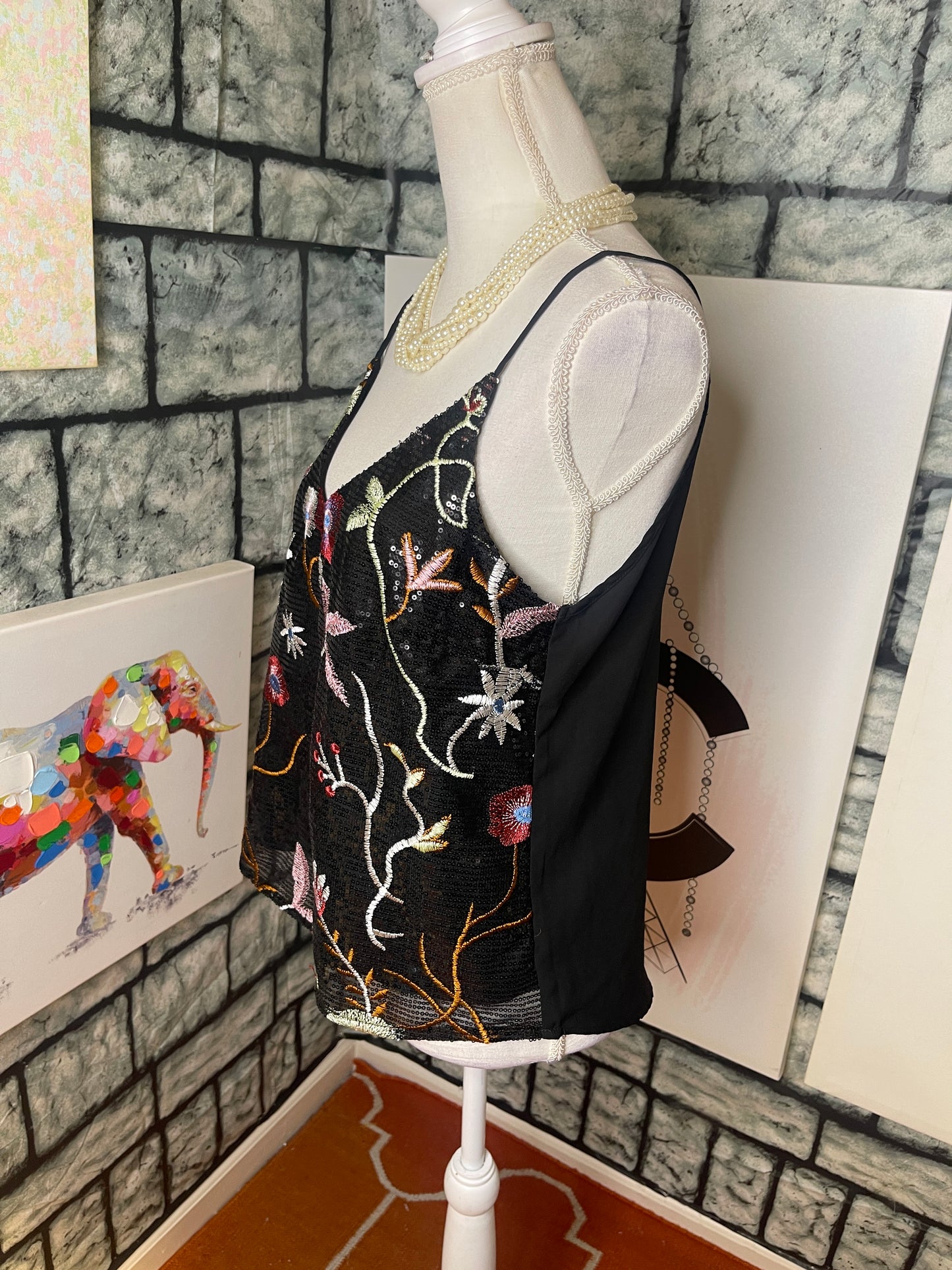 Black Sequin Floral Blouse Women sz Large