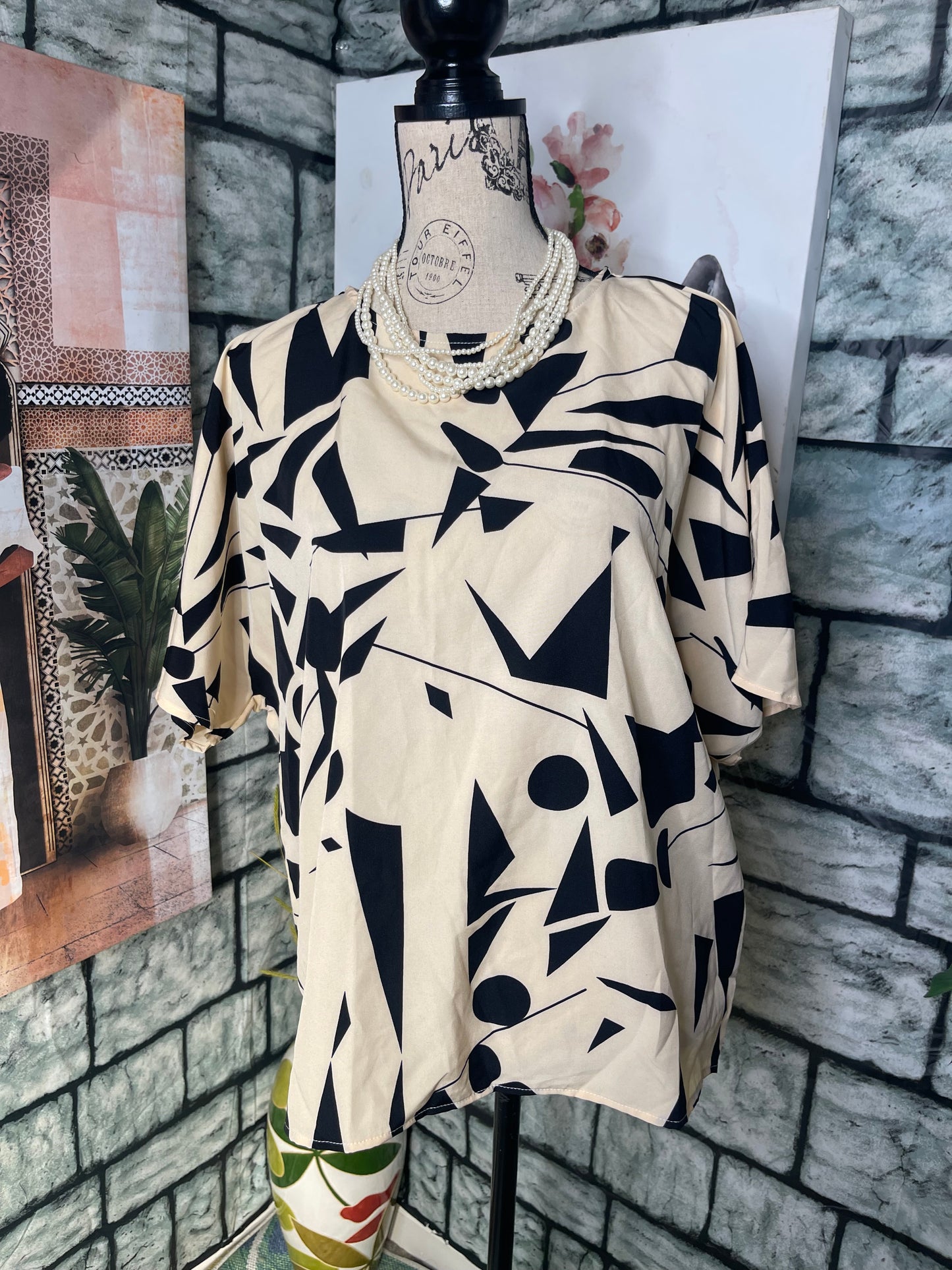 Shein Tan Black Print Blouse Women sz XL