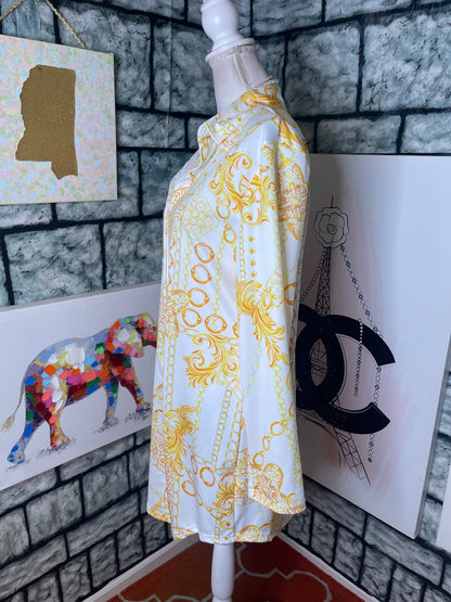 White Yellow Print Button Dress Women sz Large