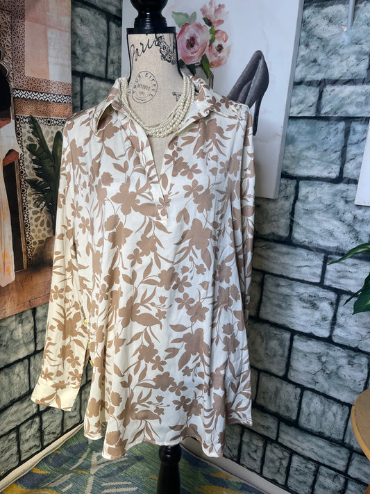 Cupid Beige Tan Print Blouse Women sz XL