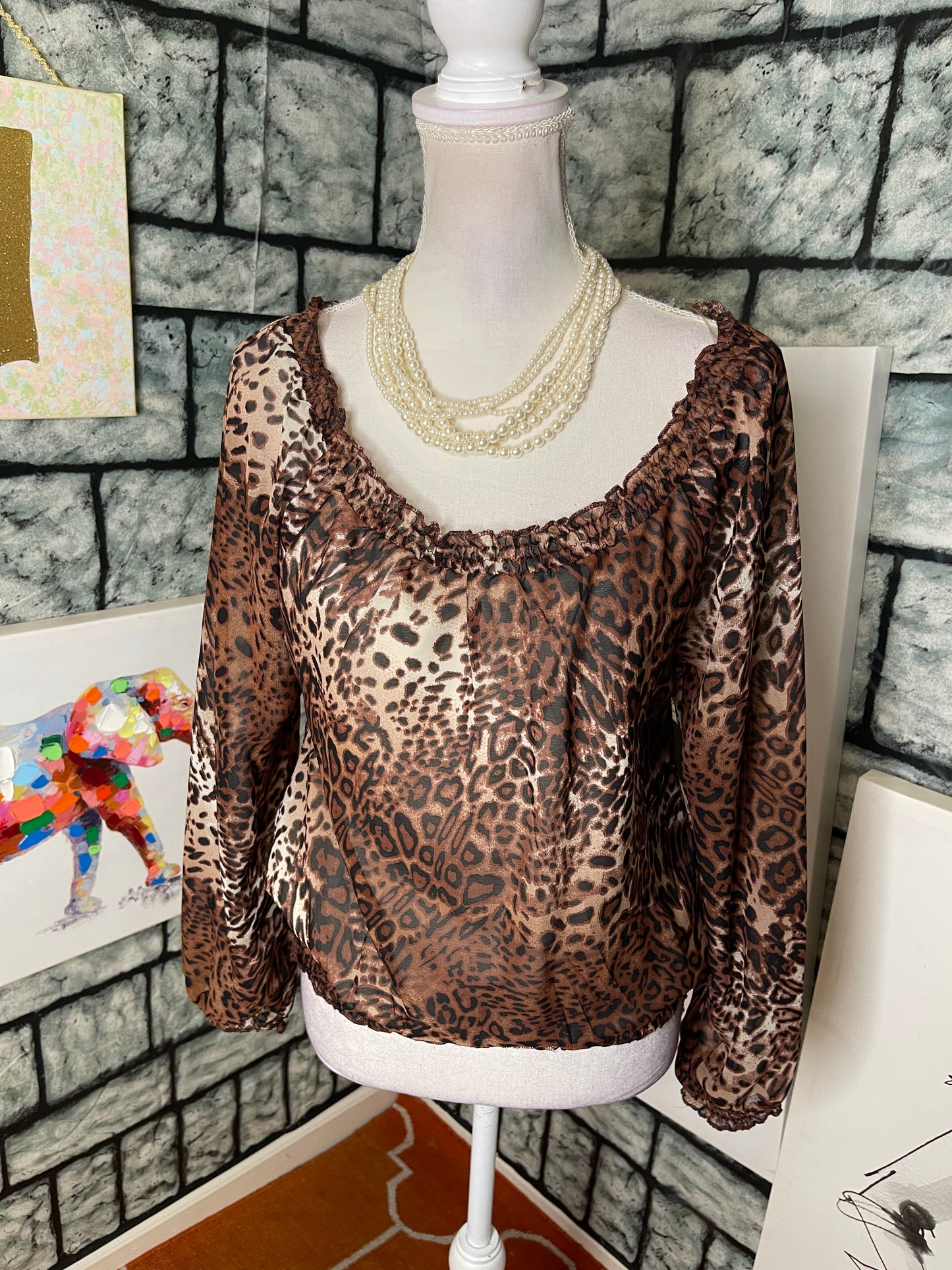 NEW Allison Brittney Brown Print Blouse Women sz Small