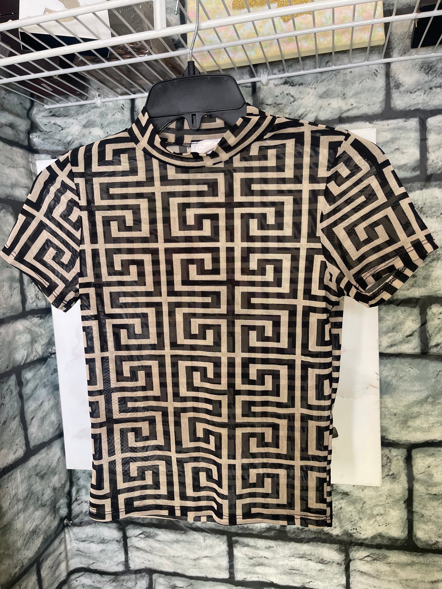 MadRag Tan Black Print Sheer Blouse Women sz Small