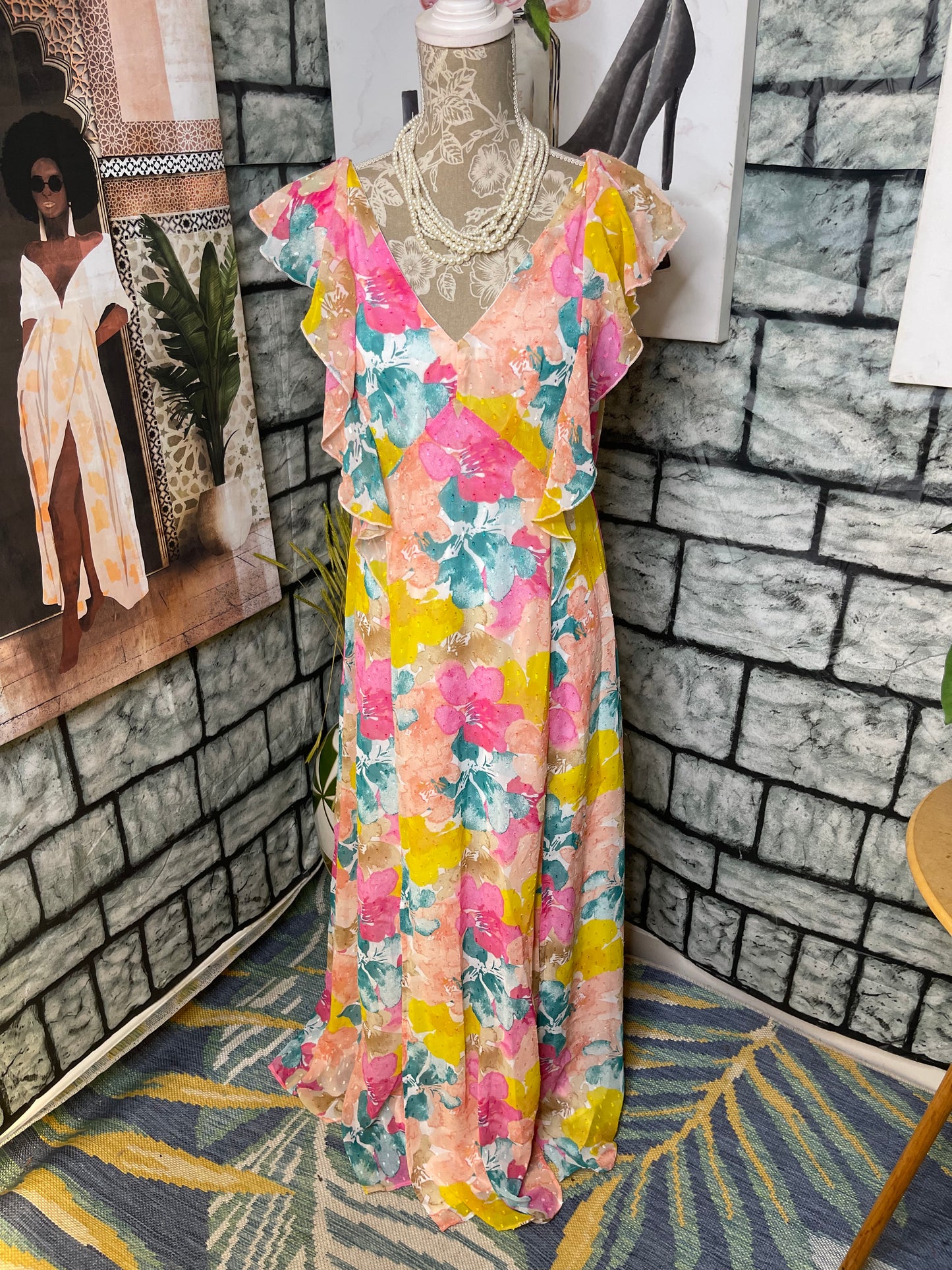 NEW Cato Yellow Pink Print Dress Women sz Large