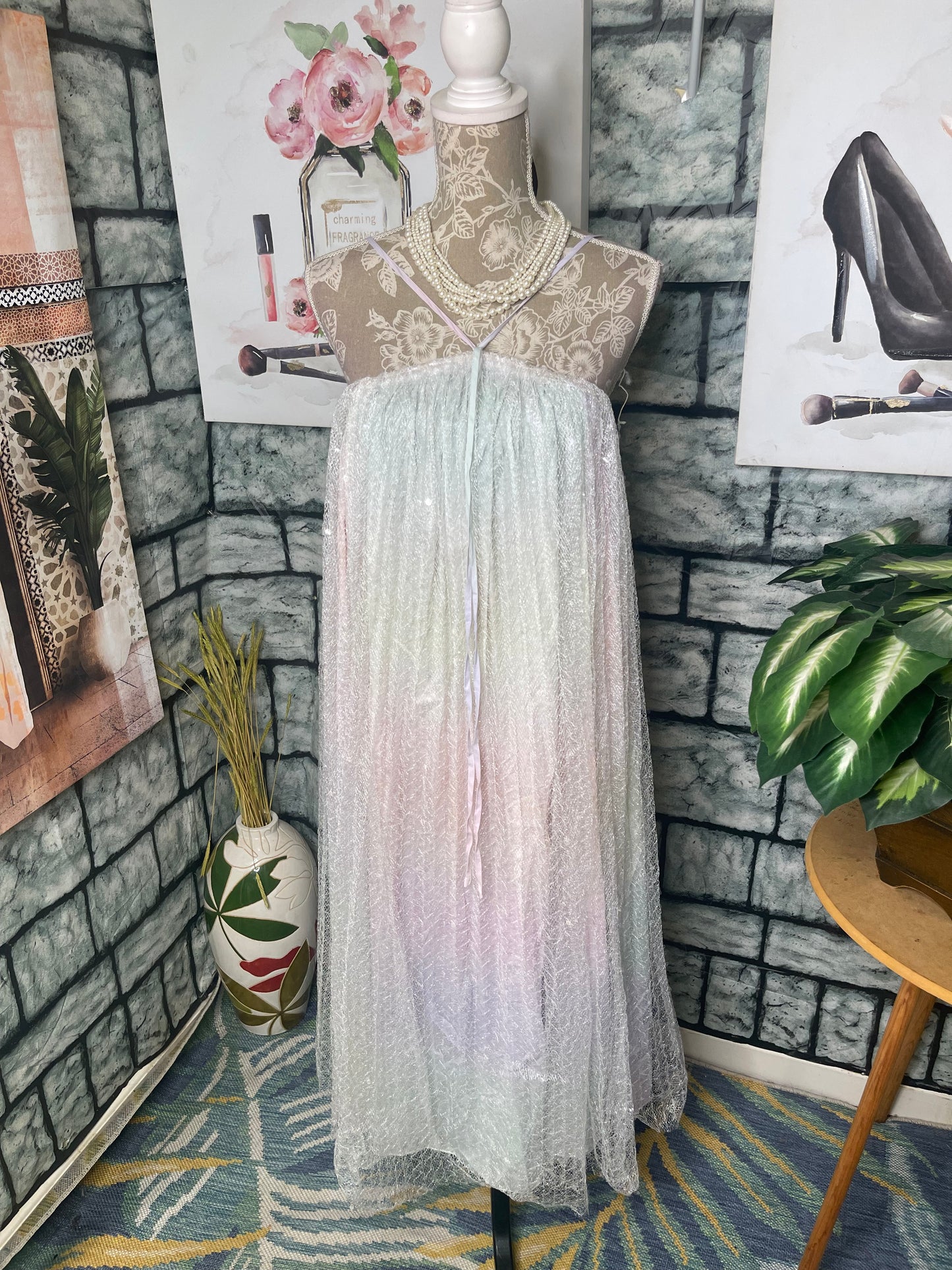 L'Atiste Pink Green Sequin Dress Women sz Medium