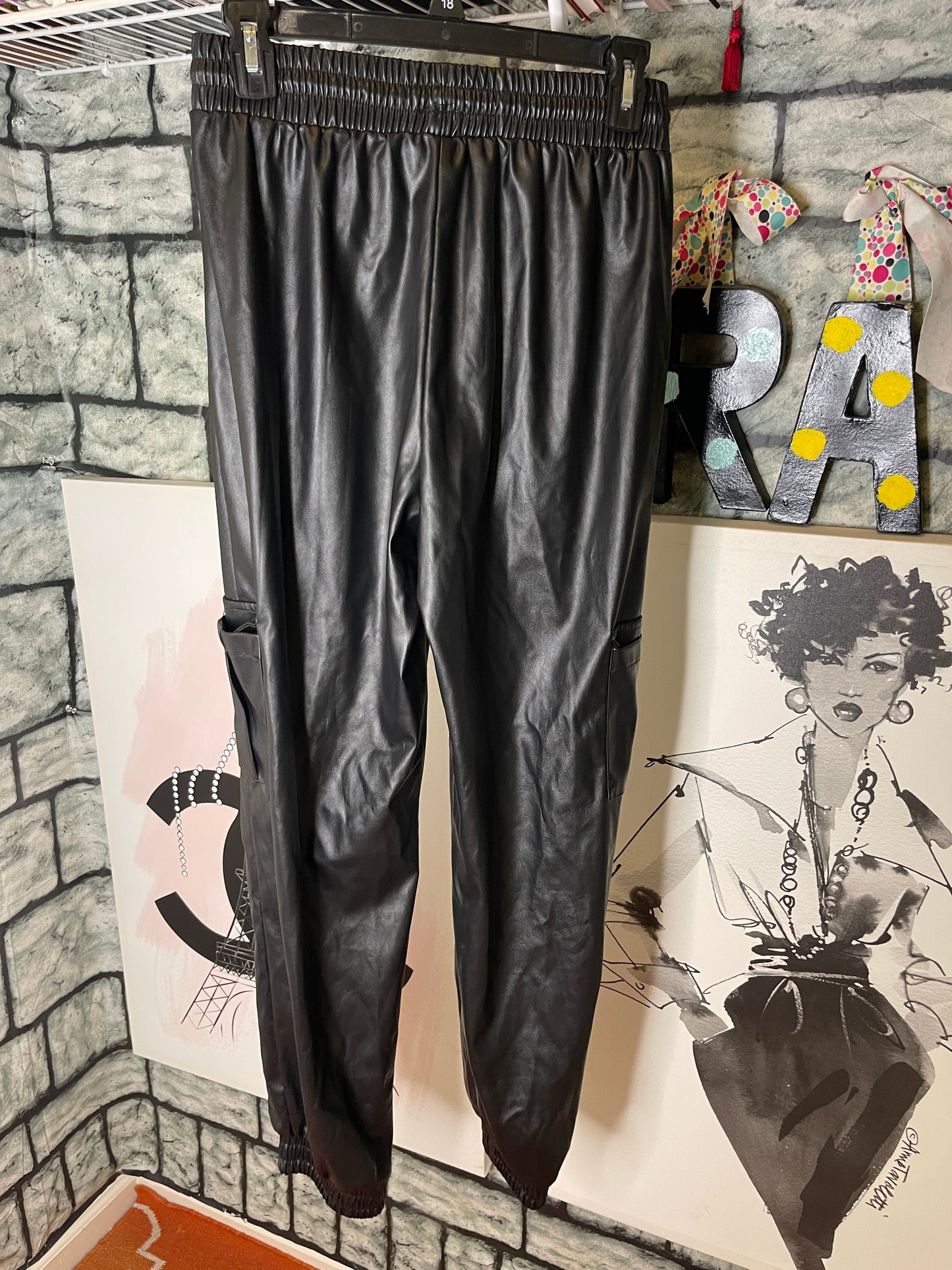 Shein Black Jogger Faux Leather Pants Women sz Medium
