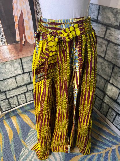 NEW African Print Skirt Yellow Burgundy Women sz One Size (BEST FITs UP to Large)