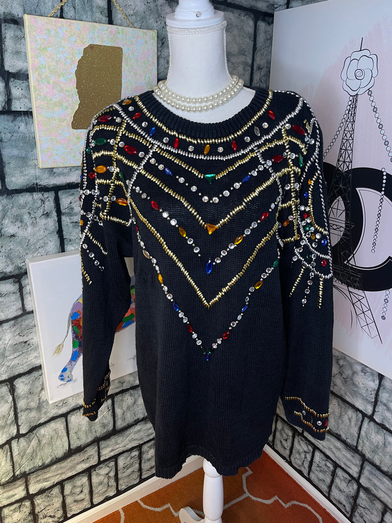 Victoria harbour black rhinestone sweater dress women sz medium