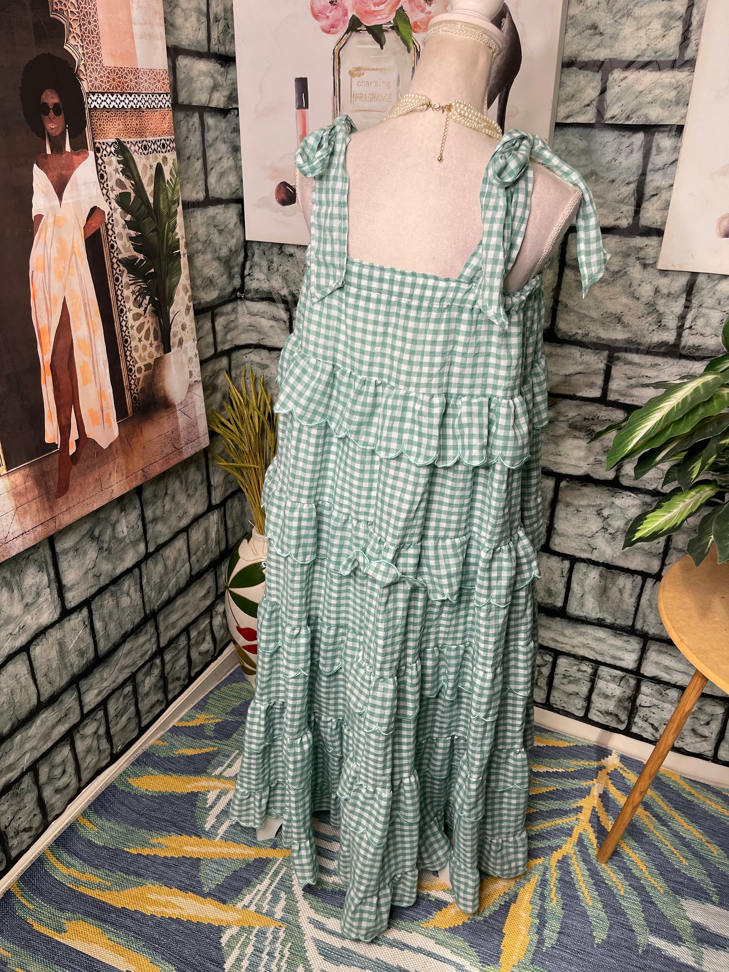Marble Green White Ruffle Dress Women sz Medium / Large
