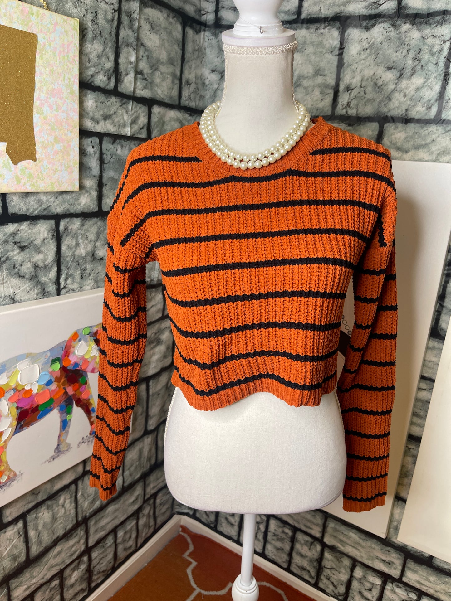 Belle du jour orange black sweater women sz xs