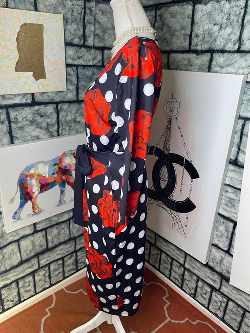 Red black polka dot dress women sz large