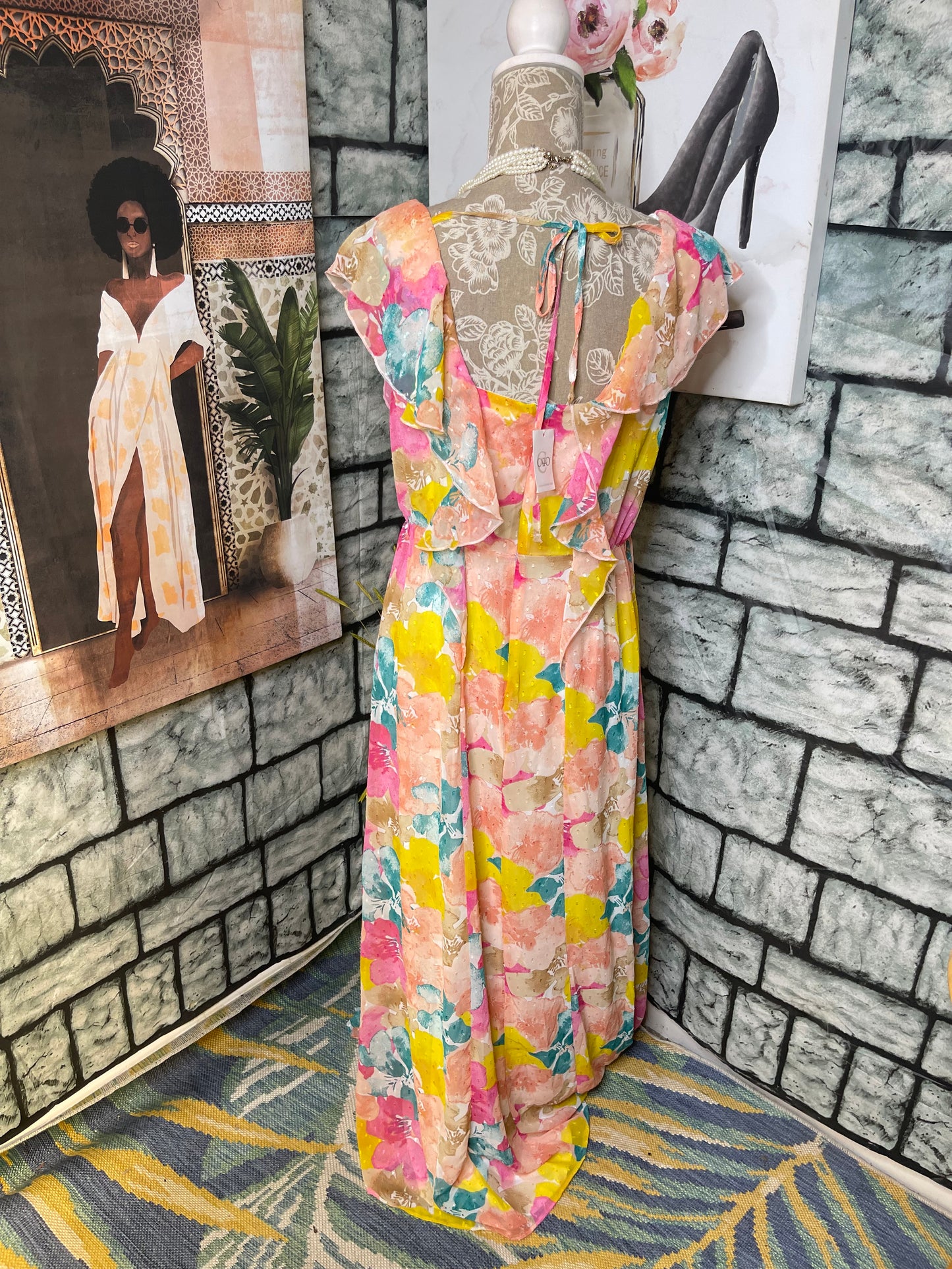 NEW Cato Yellow Pink Print Dress Women sz Large