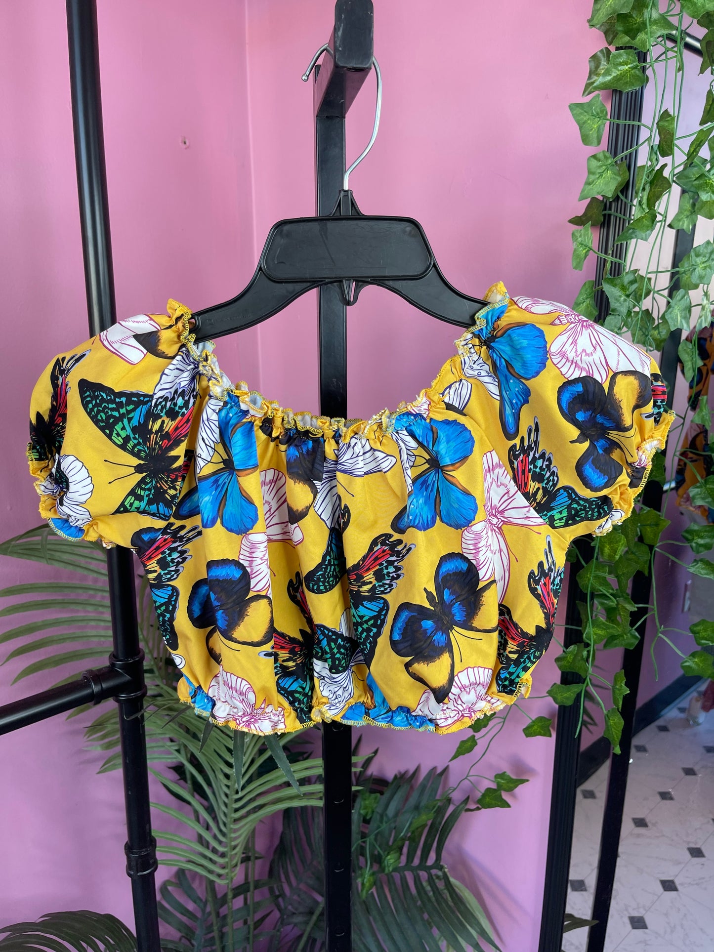 Yellow Butterfly Blouse Girls sz 9/10