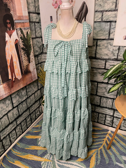 Marble Green White Ruffle Dress Women sz Medium / Large
