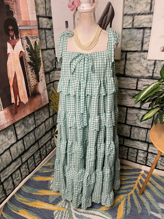 Marble Green White Ruffle Dress Women sz Medium / Large
