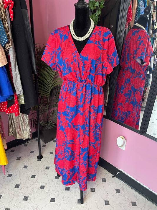 Red Blue Floral Dress Women sz 2XL (best fit XL)