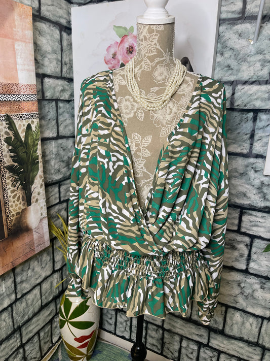 NEW Ashley Stewart Green Tan Blouse Women sz 22/24