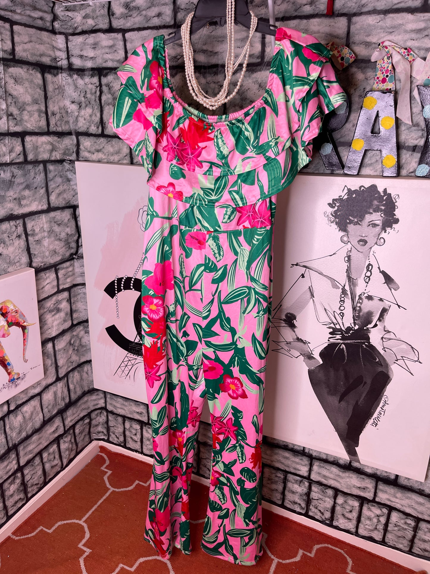 Pink Green Floral Jumpsuit Women sz XL