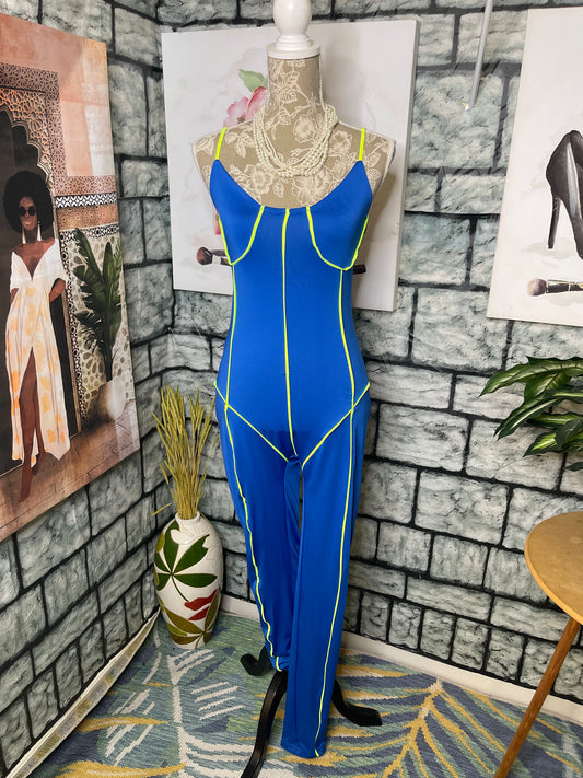 Jireh Blue Neon Green Jumpsuit Women sz Large (BEST FIT Medium)