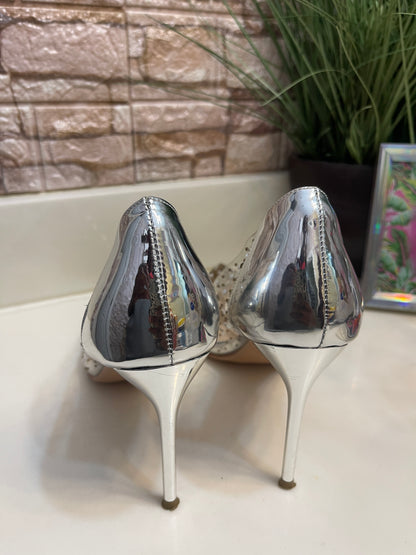 Naiyee Clear Silver Pearl Heel Low women sz 9.5