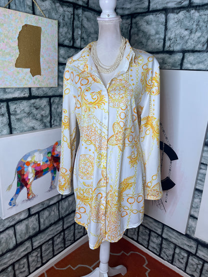 White Yellow Print Button Dress Women sz Large