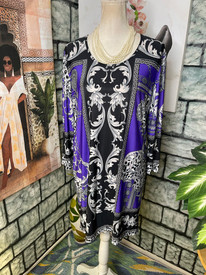 Milano Purple Black Print Dress Women sz Large