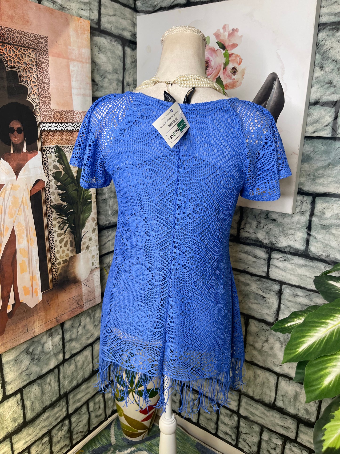 New Direction Blue Fringe Blouse Women sz Small