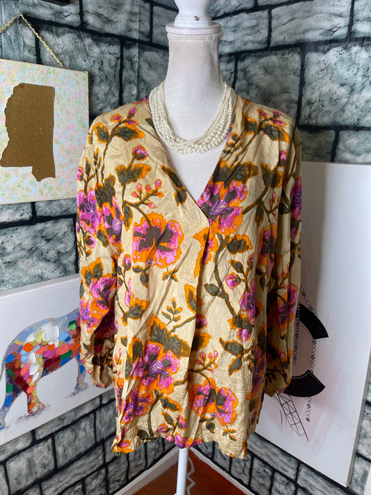 Masai Tan Flroal Blouse Women sz XL