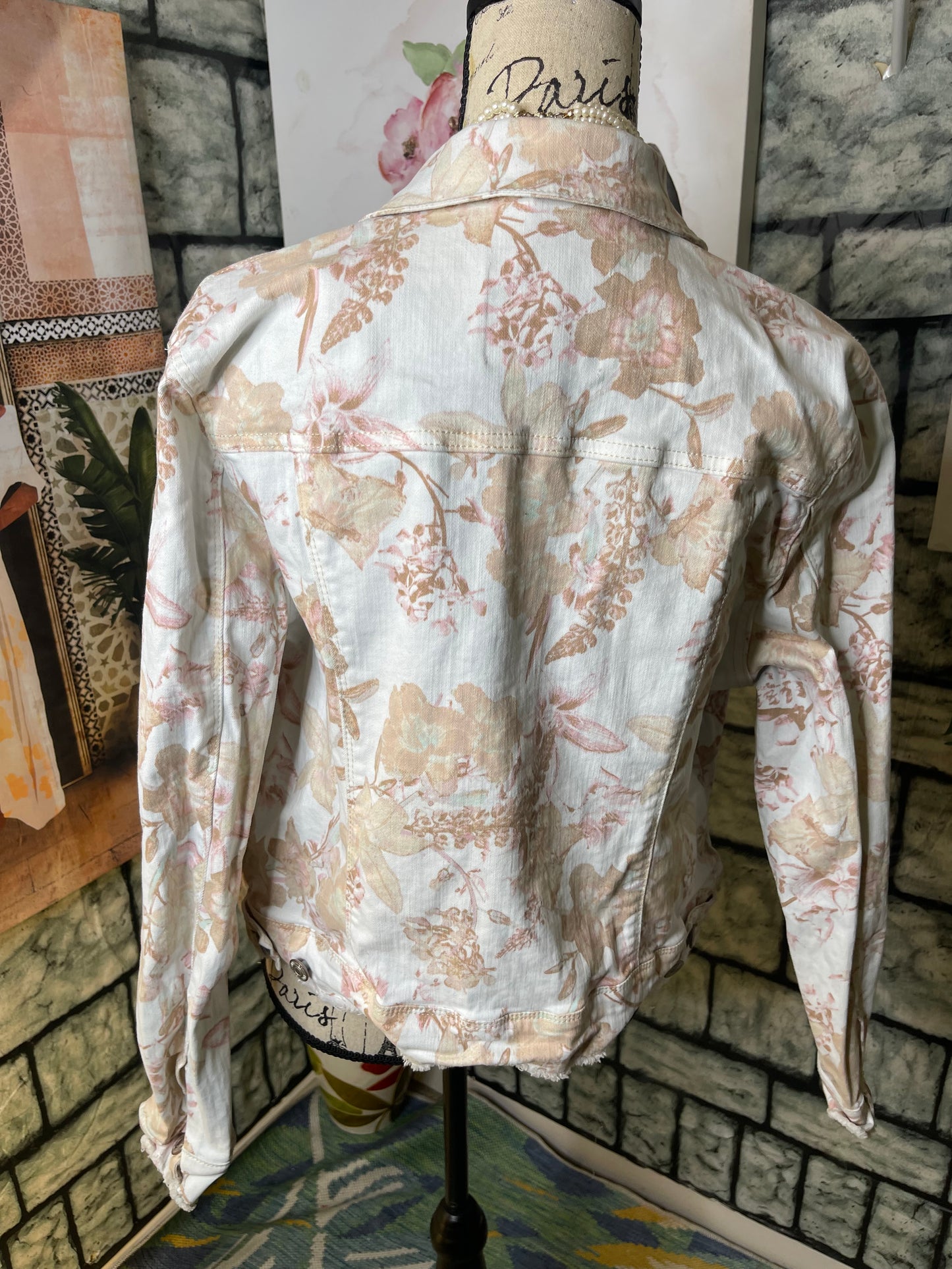 Nine West Beige Print Floral Print Denim Jacket Women sz XL