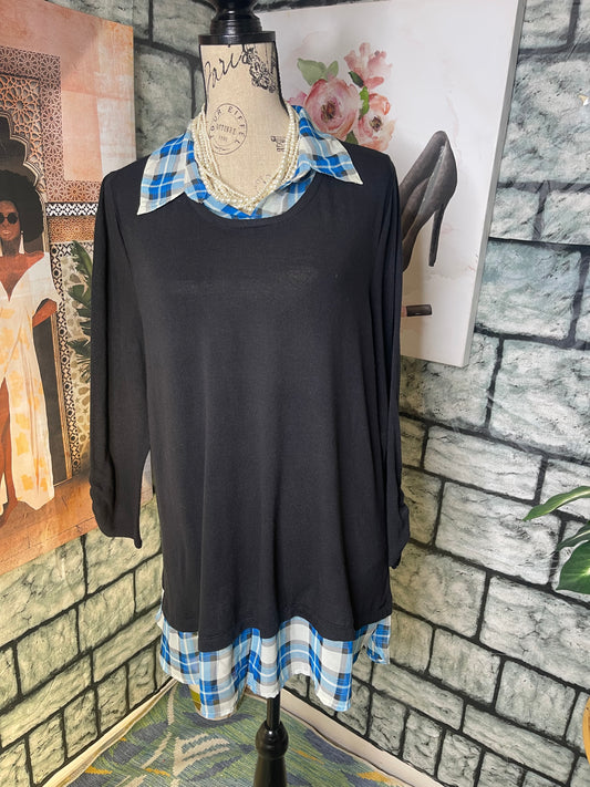 MLK Black Blue Print Soft Blouse Women sz 1XL