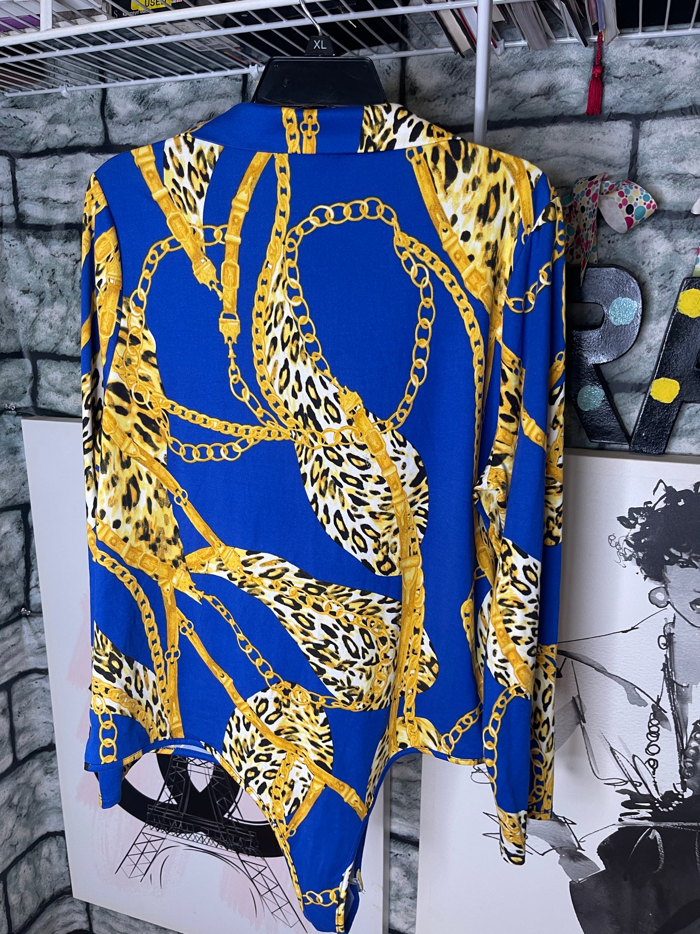 MadRag Blue Yellow Chain Bodysuit Blouse Women sz 3XL