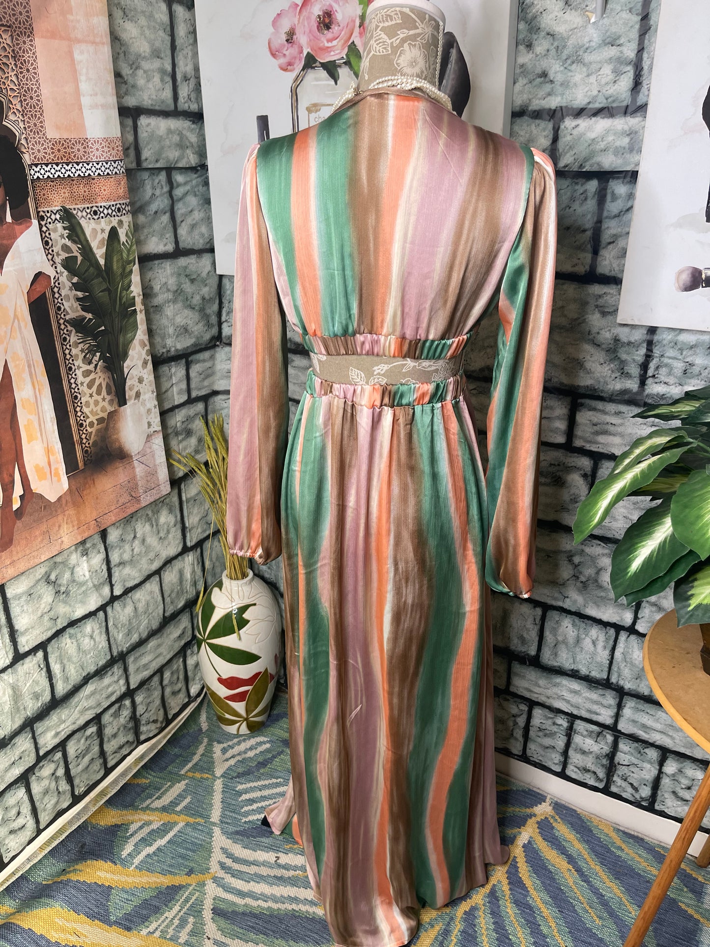Shein Pink Green Tan Dress Women sz Small