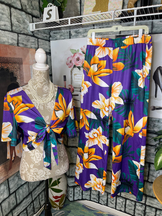 Purple Orange Floral 2 Piece Pants set Women sz 2XL