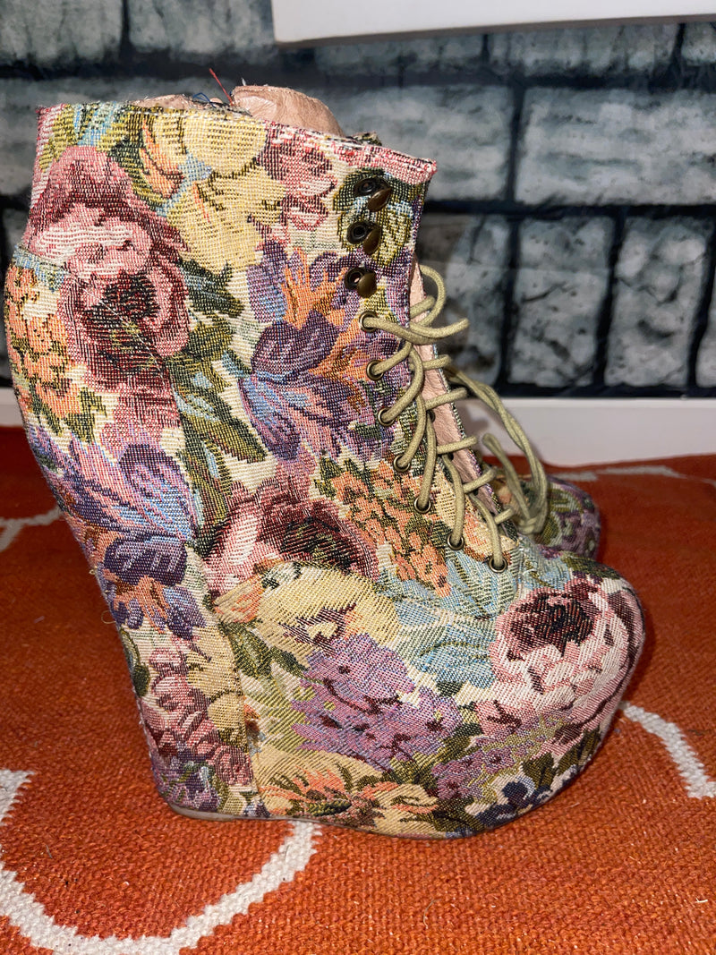 Jeffery Campbell tan floral wedge boots women sz 11