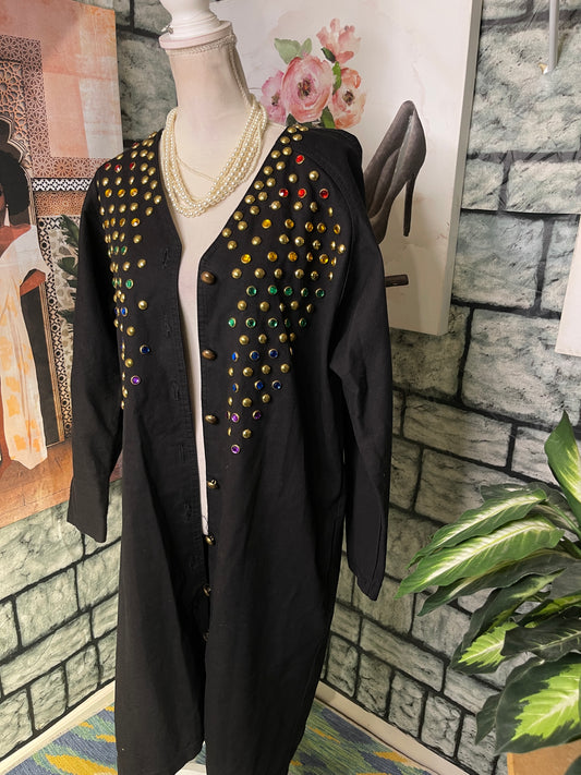 Monique Fashion Black Rhinestone Denim Jacket Women sz 9/10