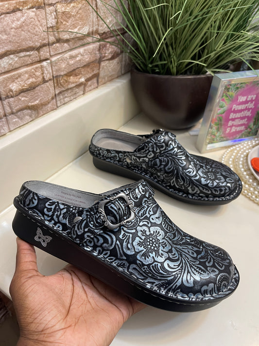 NEW Alegria Black Gray Mules Women sz 37 = sz 7/7.5