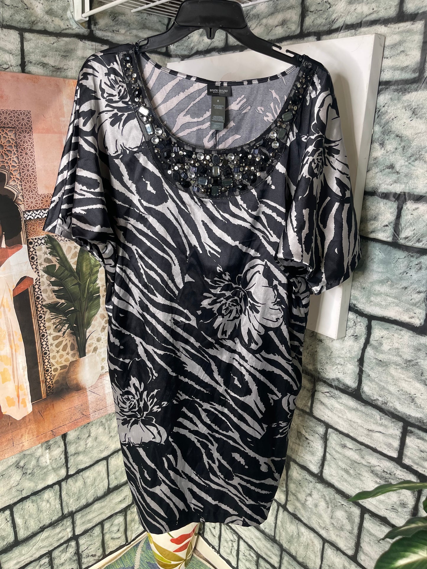 Bisou Bisou Black Gray Print Dress Women sz 8