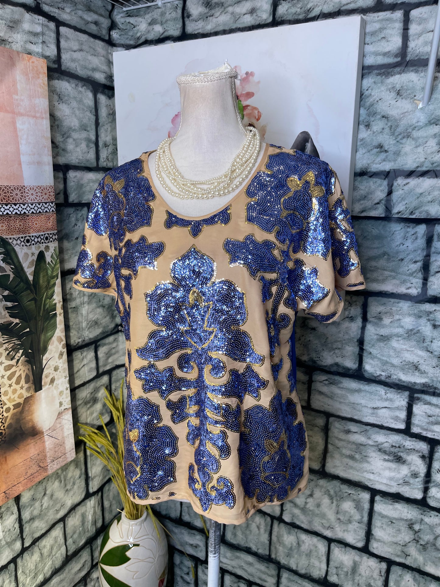 Neiman Marcus Tracy Reese Blue Tan Blouse Women sz Small