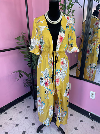 Penelope Yellow Floral Cover Duster Women sz XS (can fit a Small)