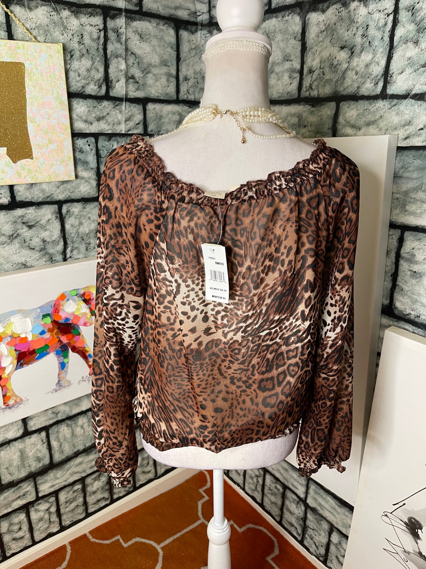 NEW Allison Brittney Brown Print Blouse Women sz Small
