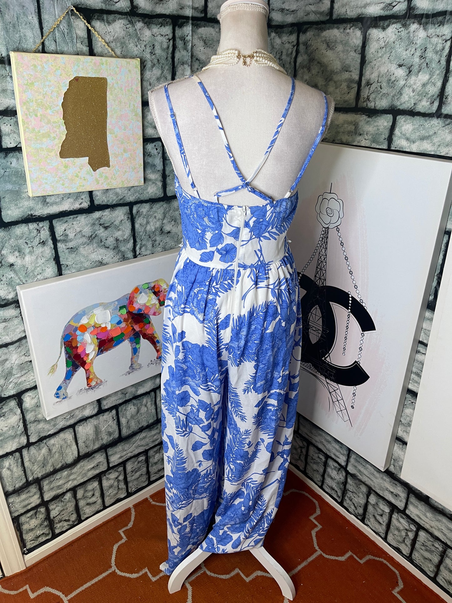 My Michelle Blue White Floral Jumpsuit Women sz 5