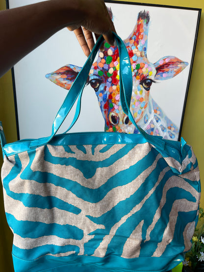 Blue Tan Print Tote Bag