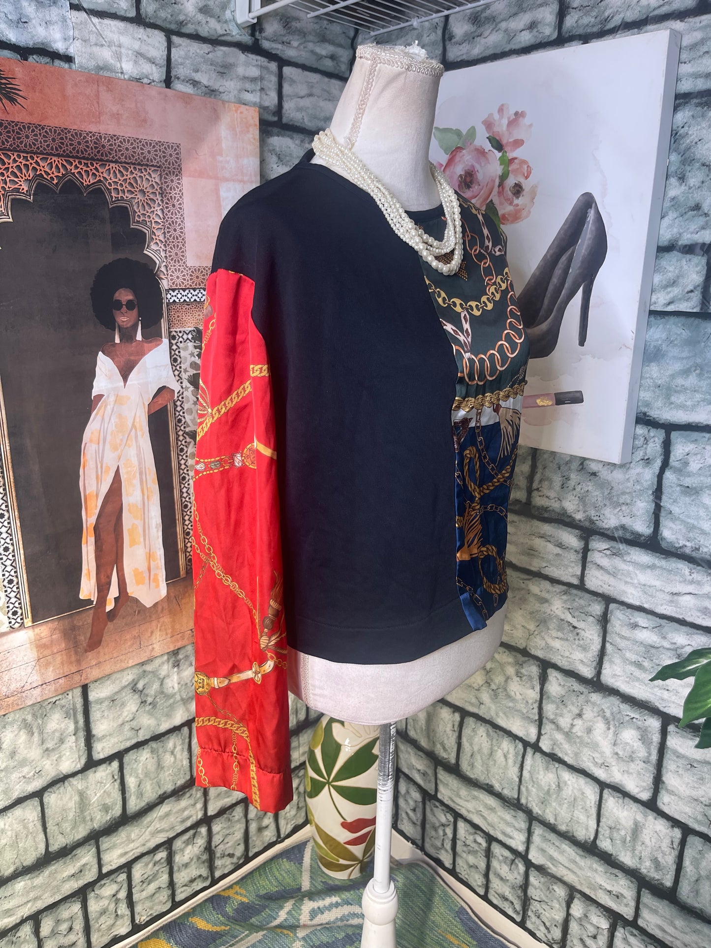 Zara Black Red Green Print Blouse Women sz Medium