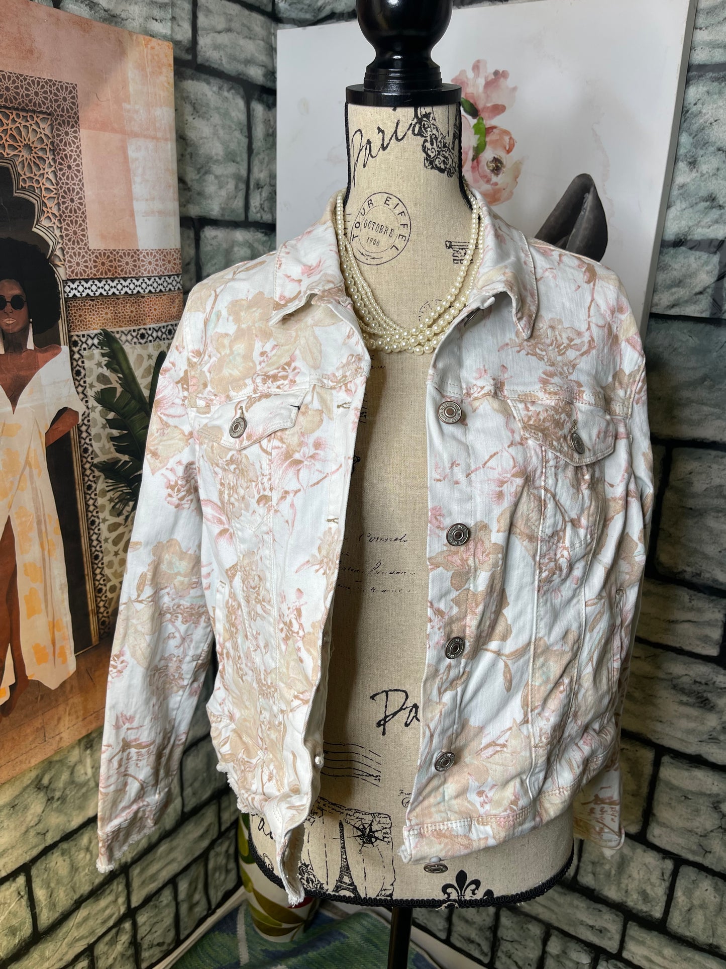 Nine West Beige Print Floral Print Denim Jacket Women sz XL