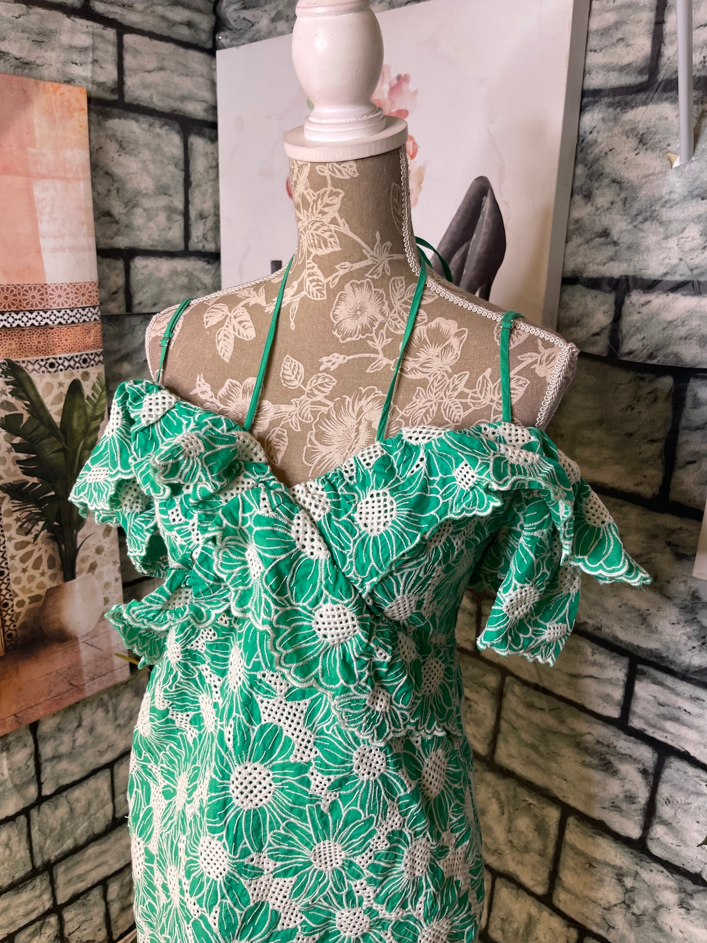 Lost Wander Green White Dress Women sz Medium (best fit Small)