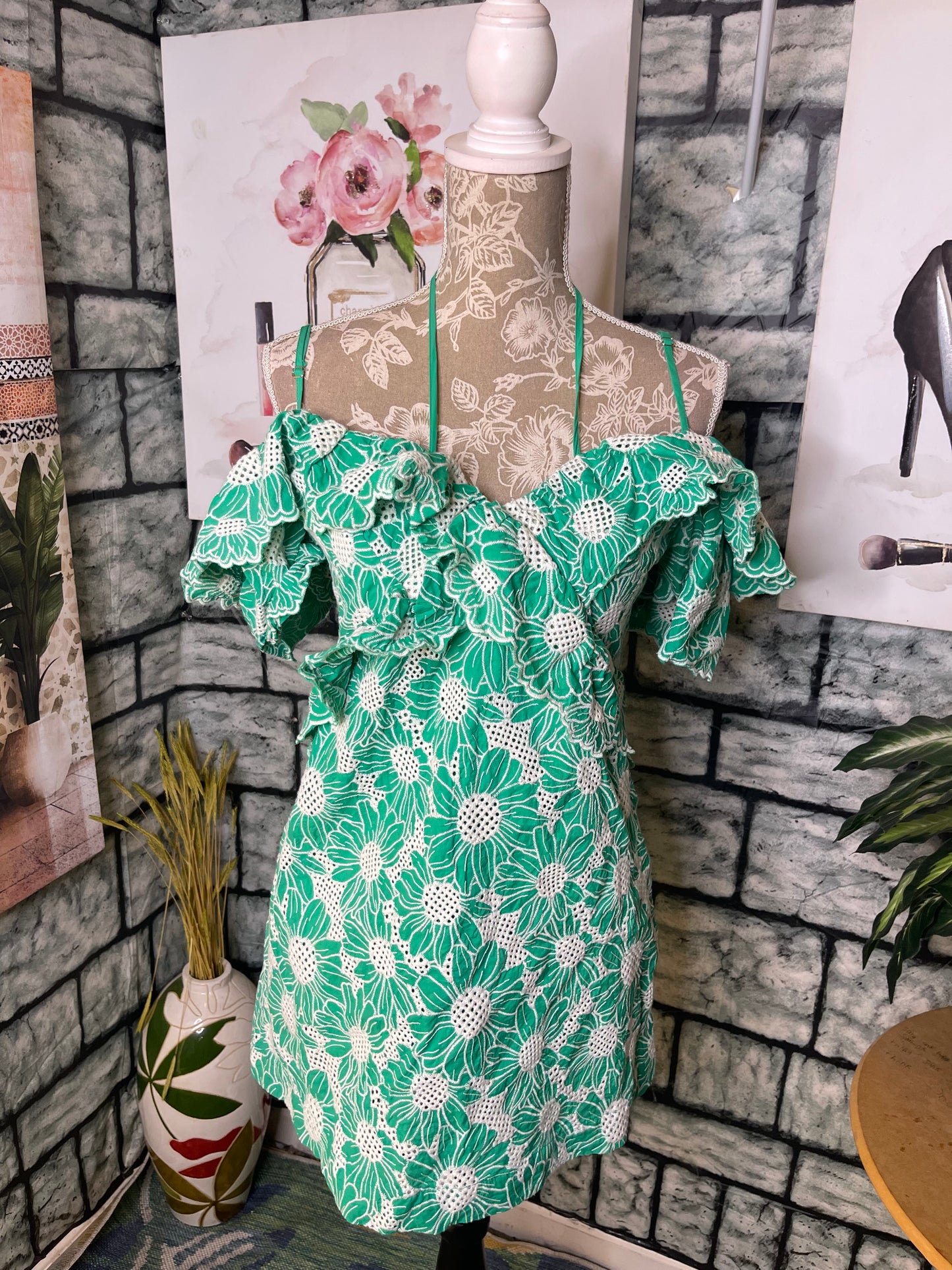 Lost Wander Green White Dress Women sz Medium (best fit Small)