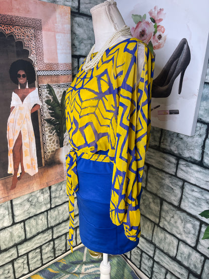 Monaco Blue Yellow Dress Women sz Large (BEST FITS LIKE A MEDIUM)