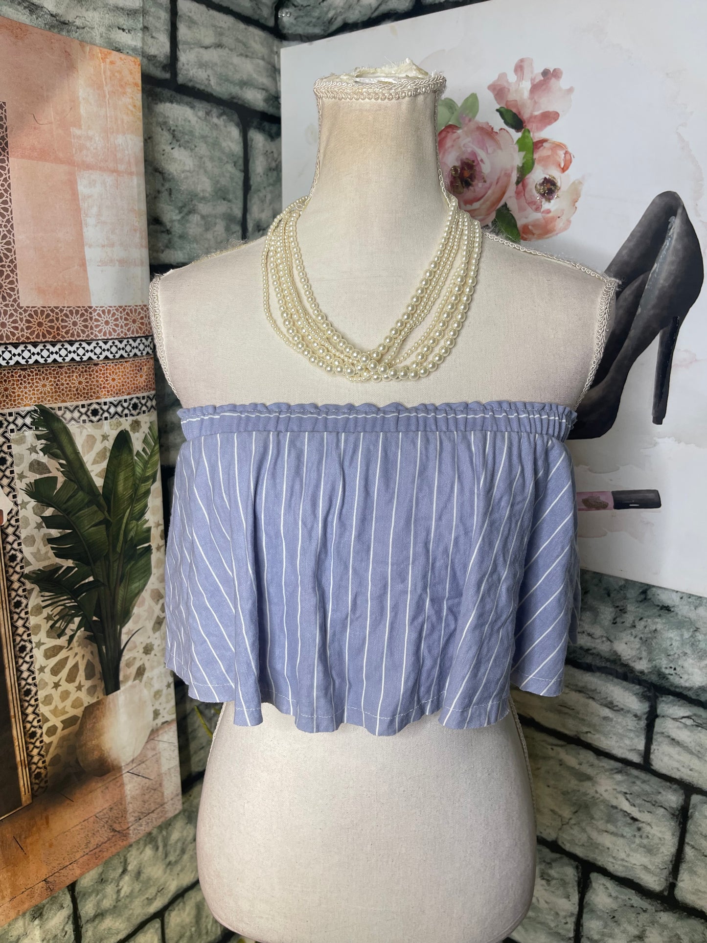 Sage Blue White Crop Top Women sz Small